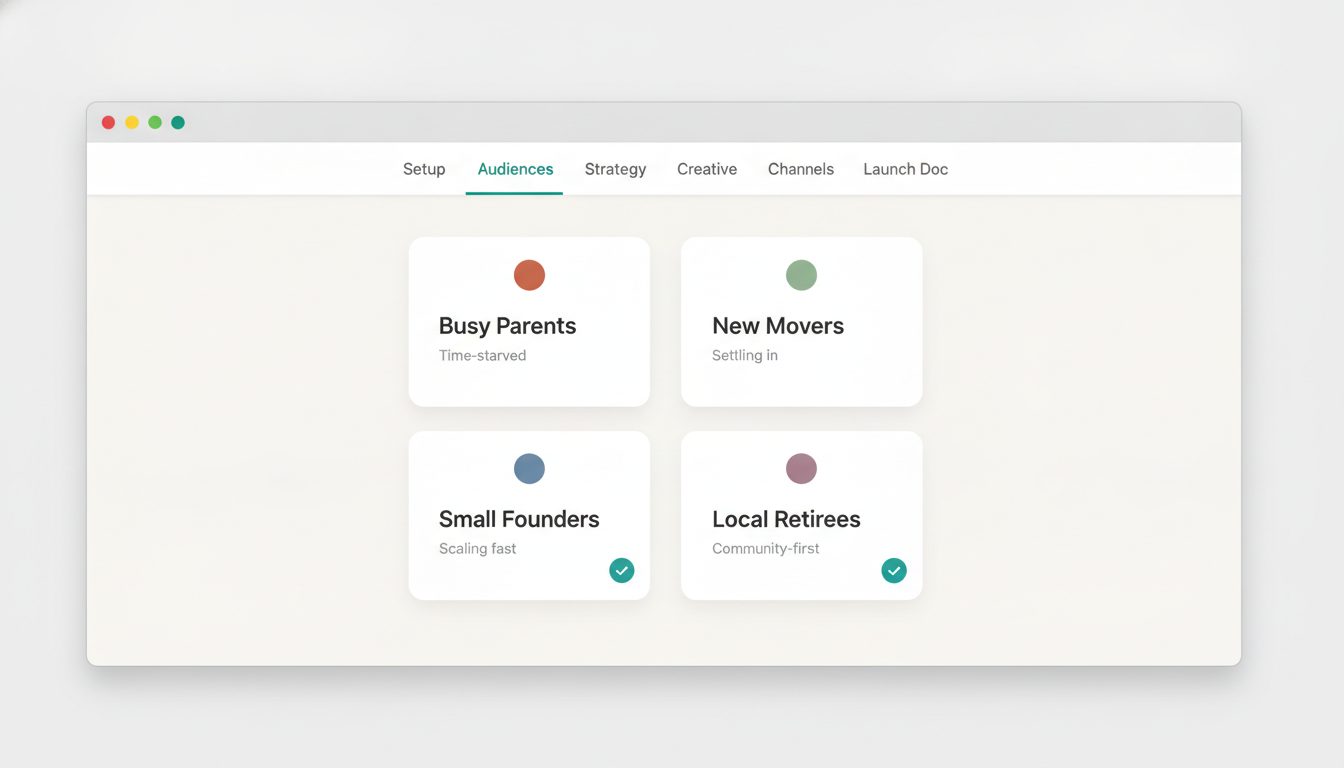 The Populica audiences step, showing researched persona cards ready to select